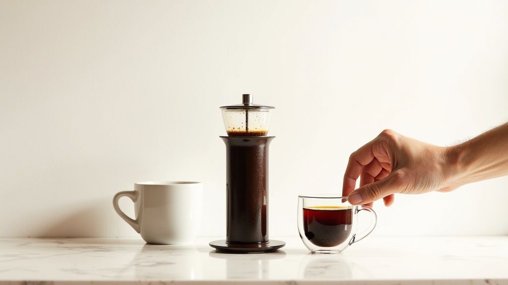 A hand reaches for a clear glass cup of black coffee next to a coffee brewing device and a white mug.