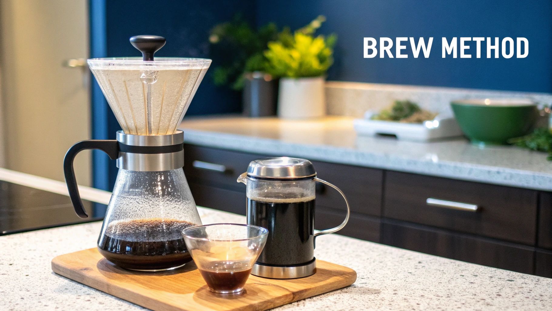 An assortment of coffee equipment on a wooden surface.