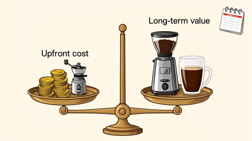 A balance scale shows upfront cost (coins, manual grinder) versus long-term value (electric grinder, coffee).