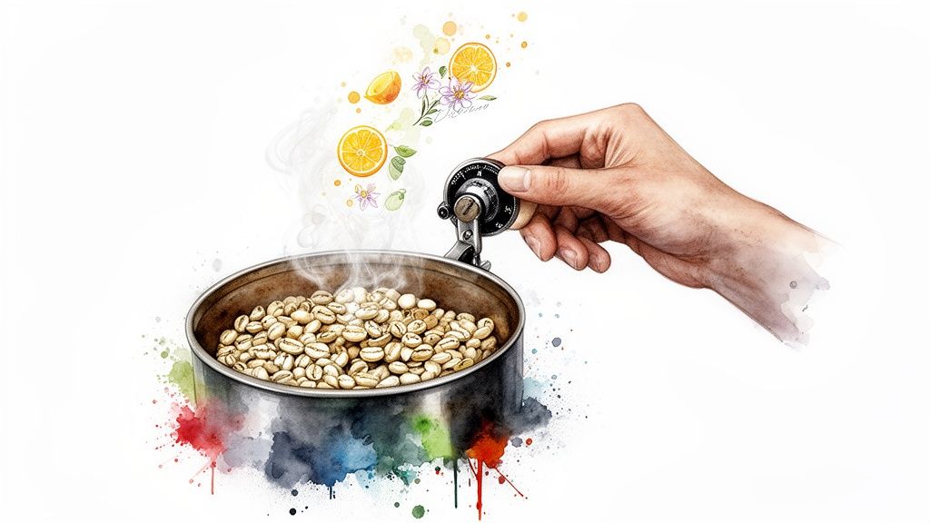 Hand adjusting coffee roaster with green beans, surrounded by citrus and floral aromas.