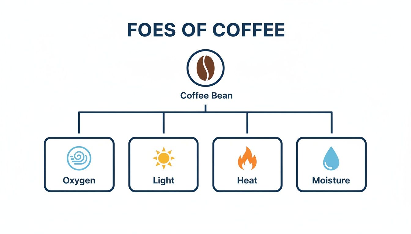 Diagram showing the foes of coffee beans: oxygen, light, heat, and moisture.