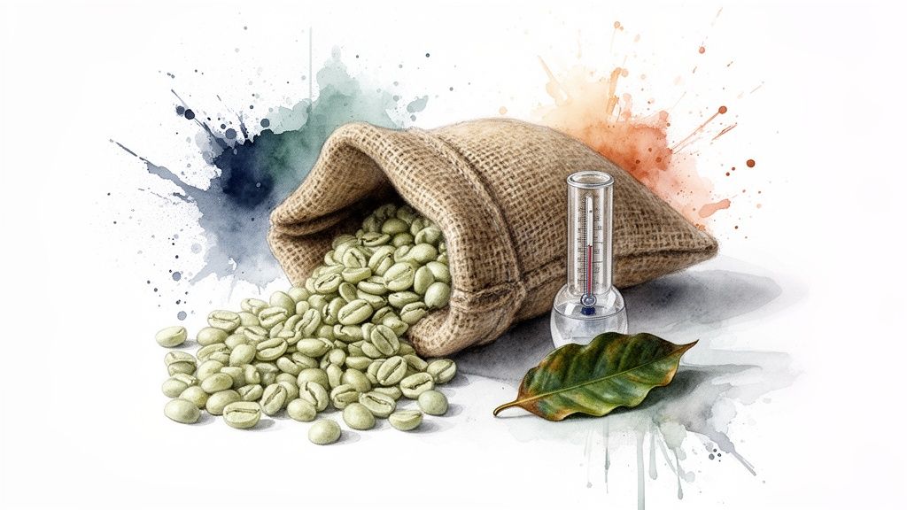 Green coffee beans spill from a burlap sack, alongside a thermometer and leaf, with watercolor splashes.