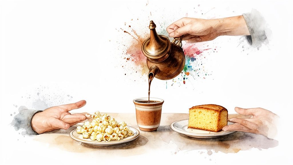 A watercolor painting shows coffee pouring from a traditional Ethiopian pot into a cup, with popcorn and cake on a table.