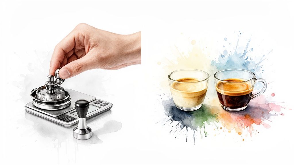 A hand adjusts a coffee grinder on a scale, next to a tamper and two artistic coffee cups.