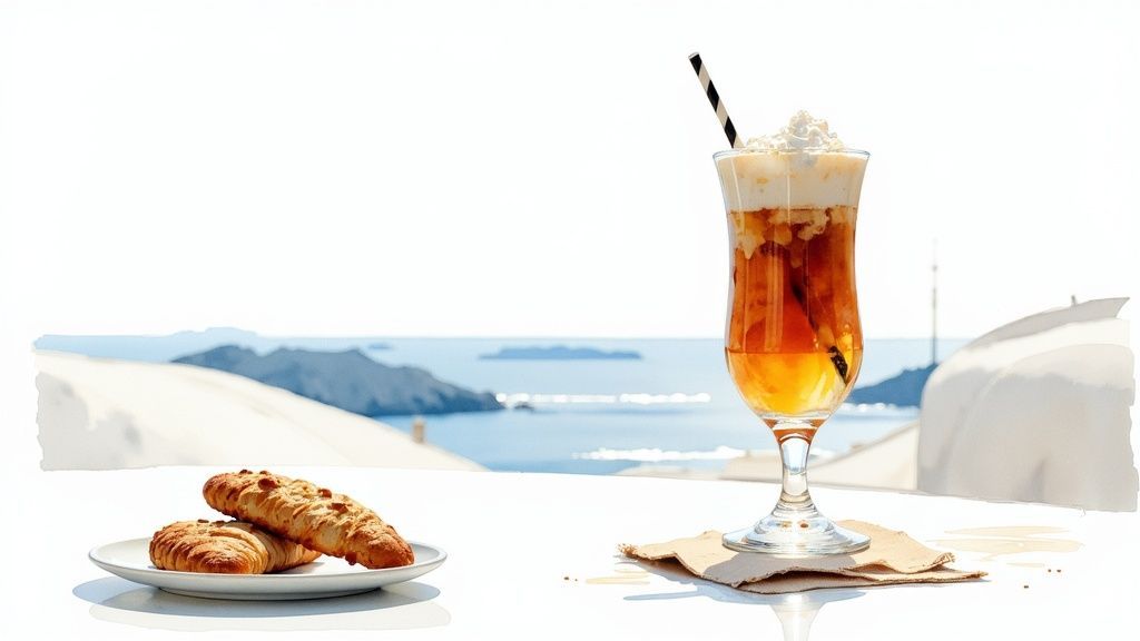 A refreshing iced coffee with whipped cream and pastries on a white table overlooking the Greek sea.