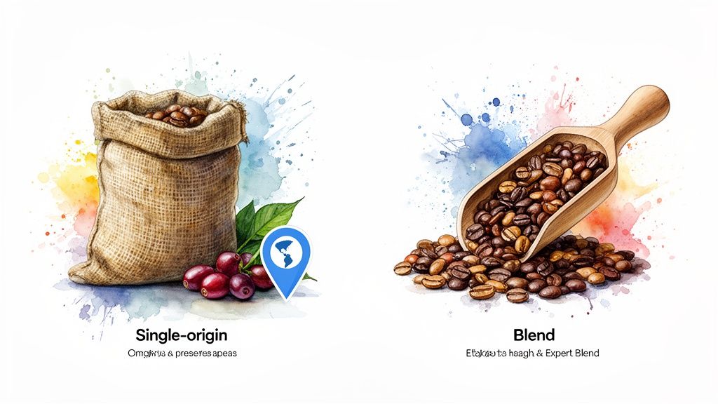 Watercolor illustration showing single-origin coffee beans in a bag versus blended coffee beans in a scoop.