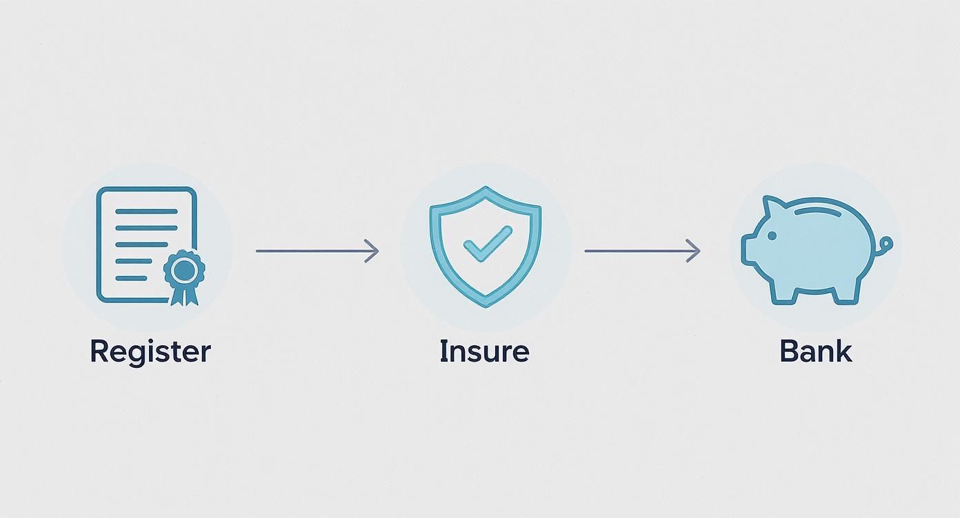A flowchart illustrates three steps: Register, Insure, and Bank, with corresponding icons.