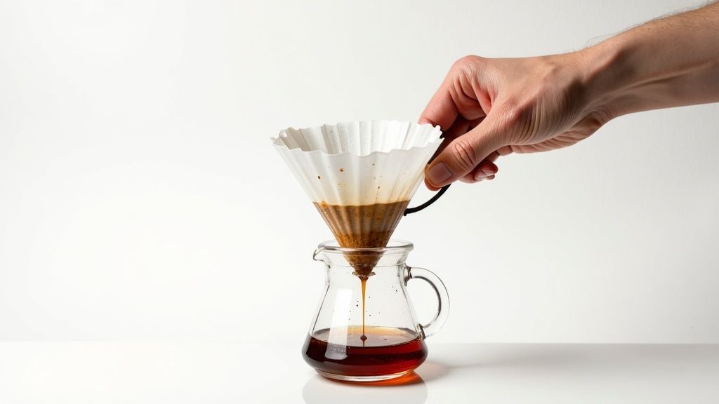 A person making a V60 pour over coffee at home