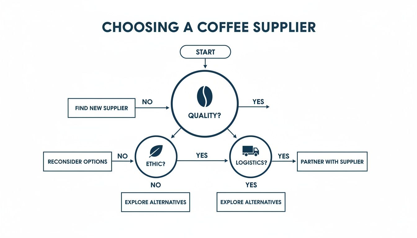 A flowchart illustrates the decision-making process for choosing a coffee supplier based on quality, ethics, and logistics.
