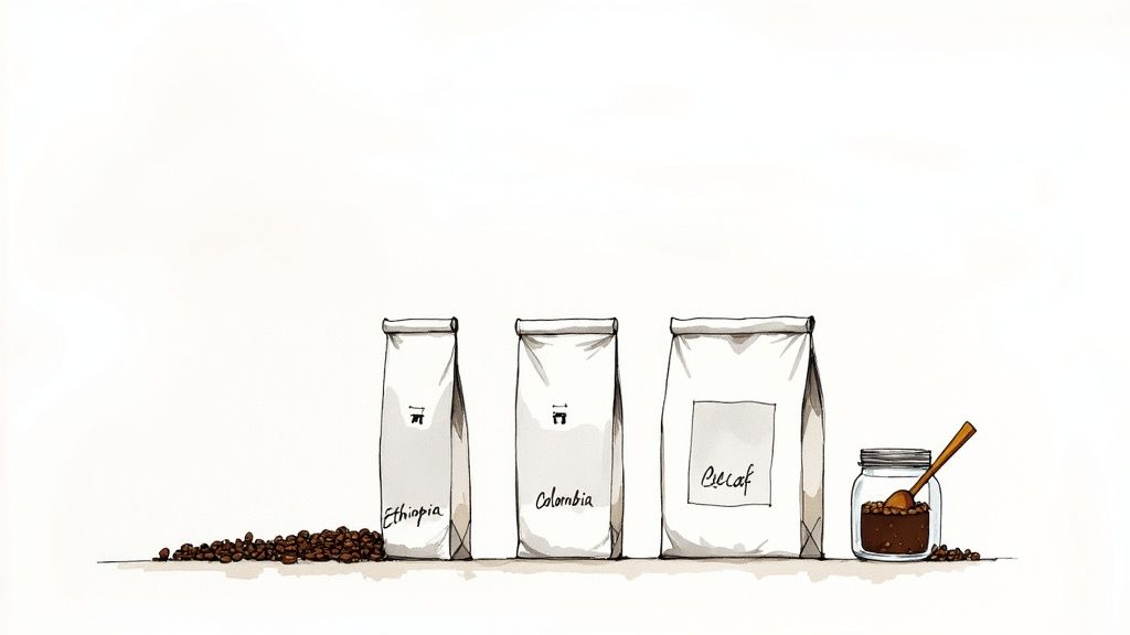 A close-up shot of freshly roasted coffee beans spilling out of a burlap sack.