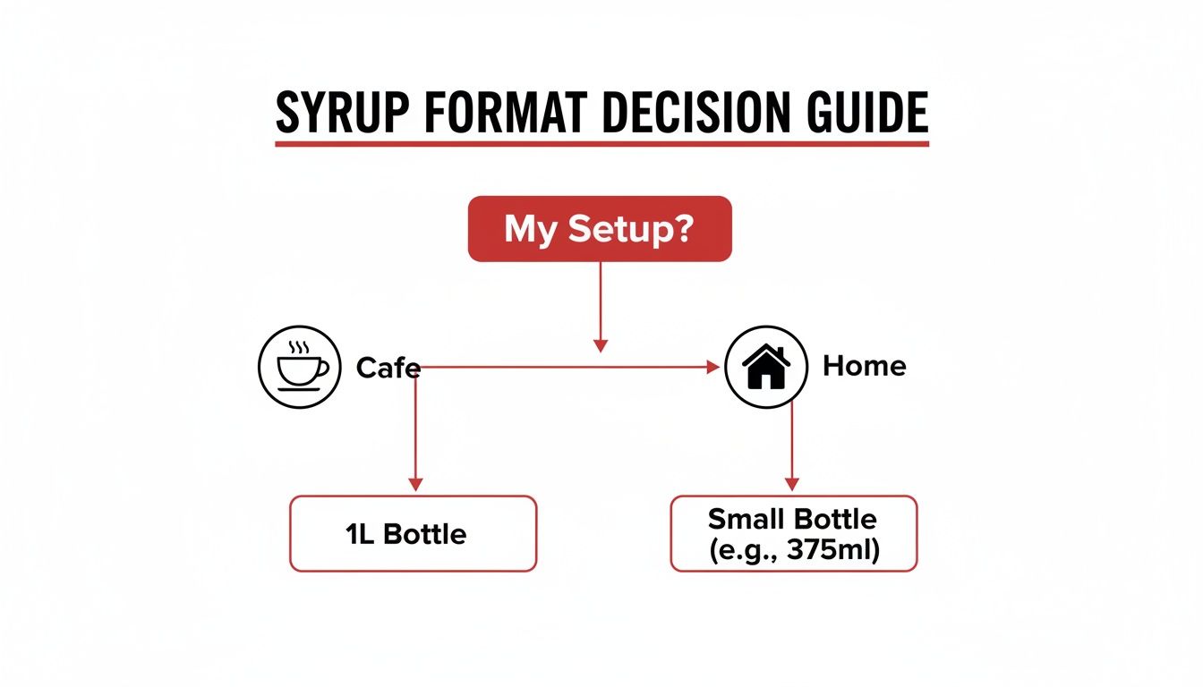 A syrup format decision guide flow chart showing recommendations for cafe or home use.