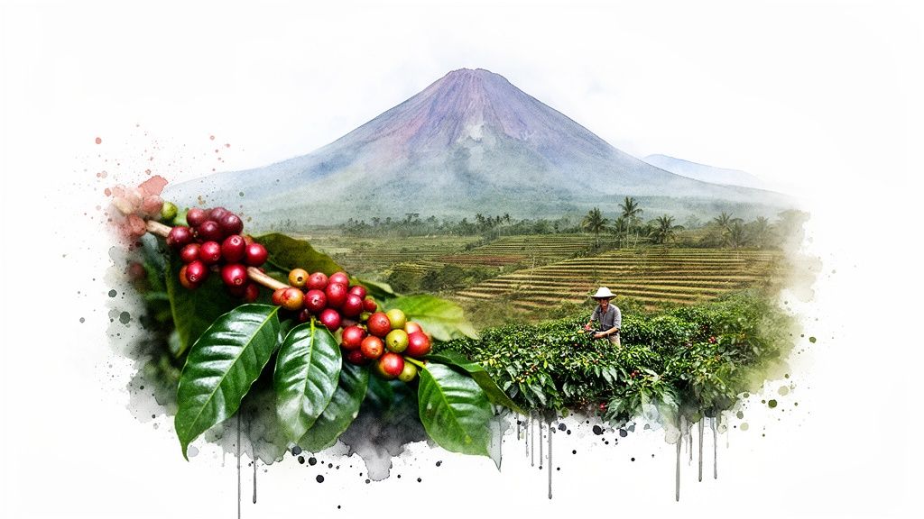 Indonesian coffee farm scene with ripe beans, a farmer, terraced fields, and a volcano.
