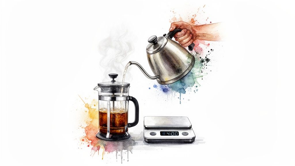 Watercolor illustration of a hand pouring hot water from a kettle into a French press with coffee, next to a digital scale.