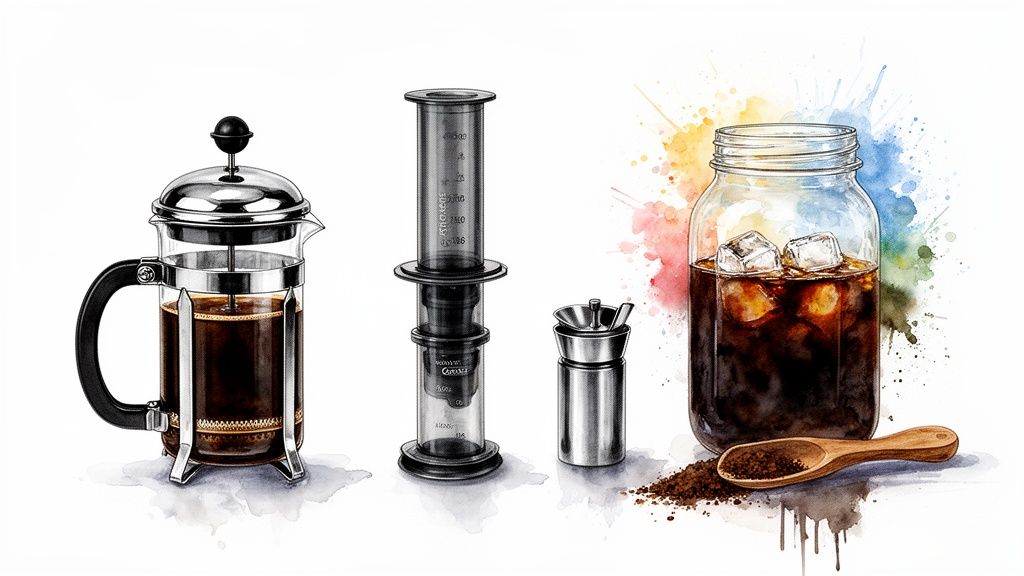 Watercolor illustration of French press, Aeropress, coffee grinder, and cold brew with grounds.