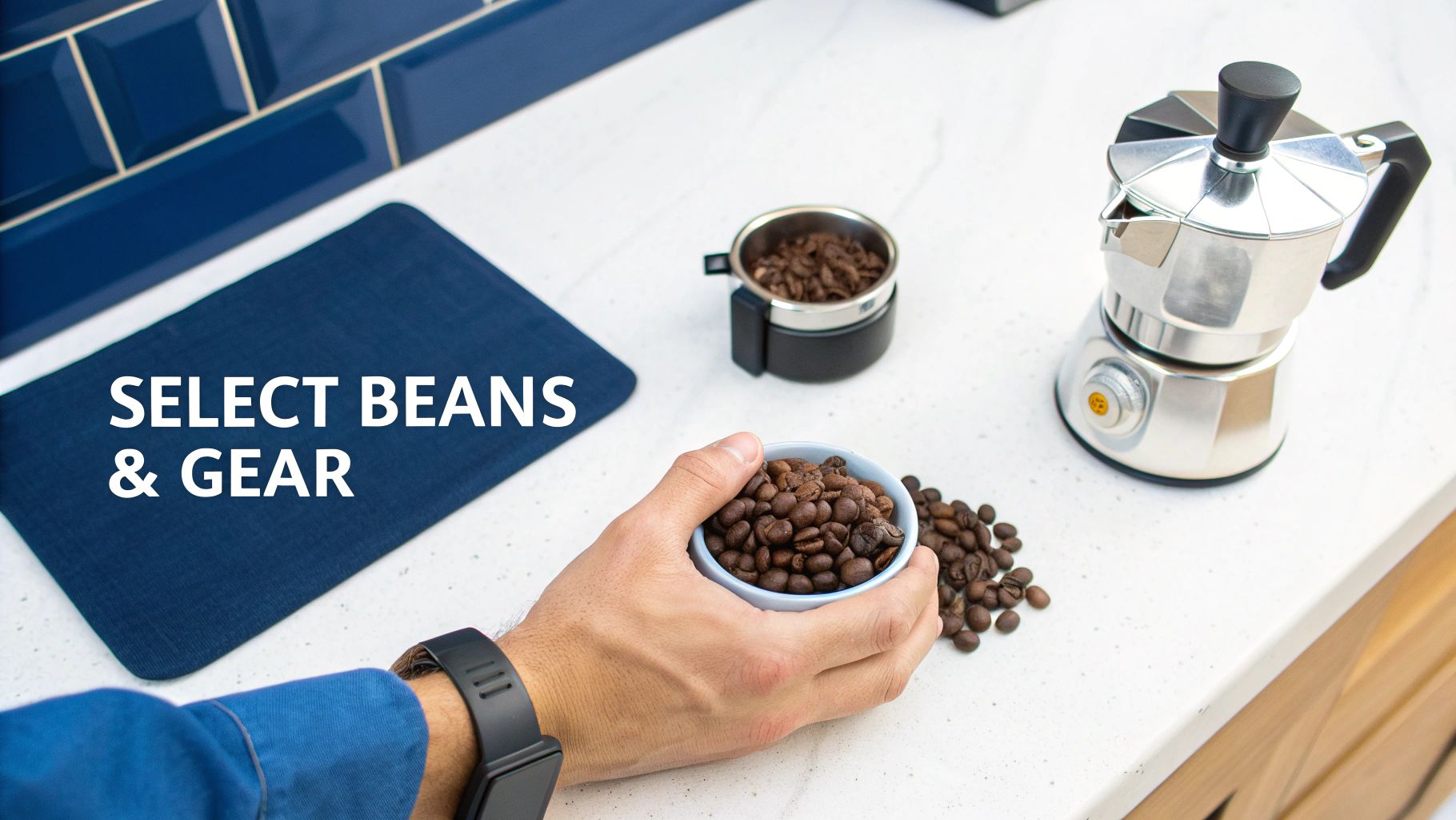 Close-up of high-quality coffee beans spilling out of a bag next to an espresso machine portafilter.