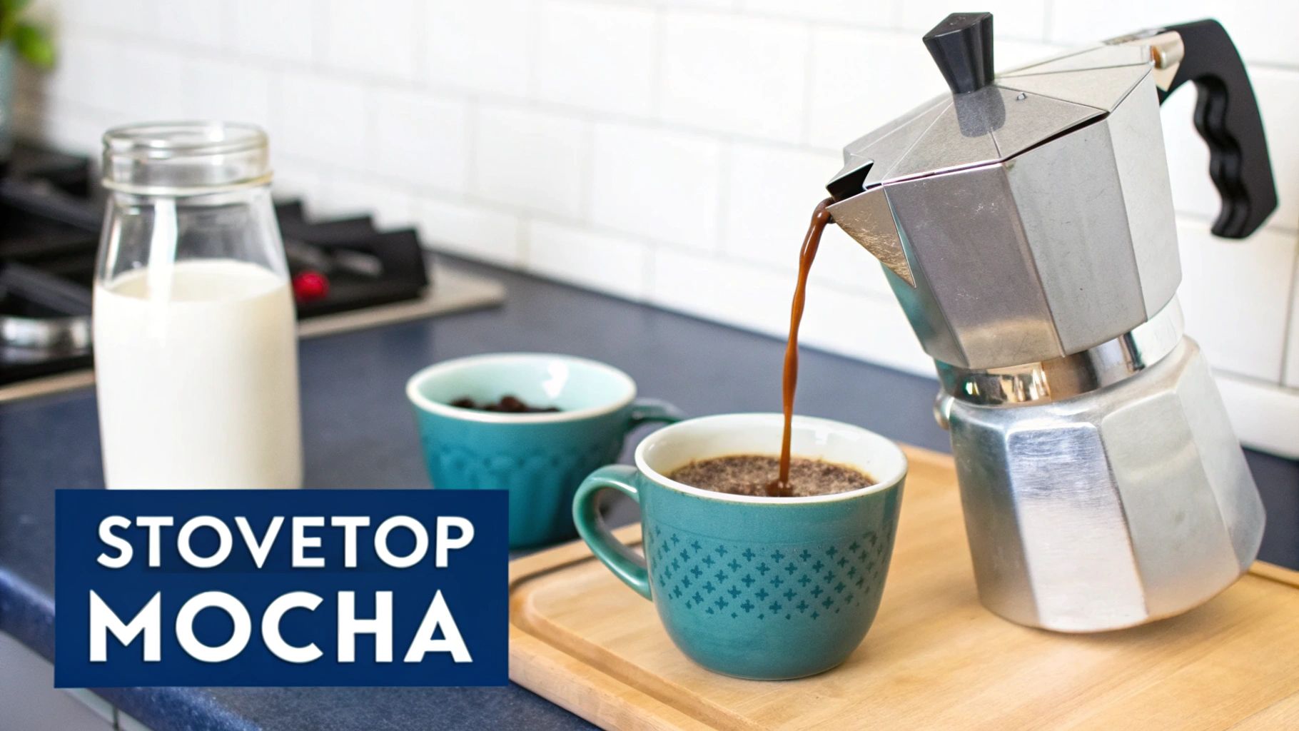 A moka pot next to a cup of coffee