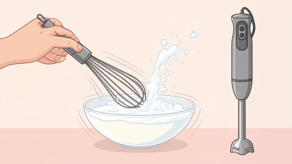 A hand whisks liquid in a bowl, creating splashes, with an immersion blender nearby.