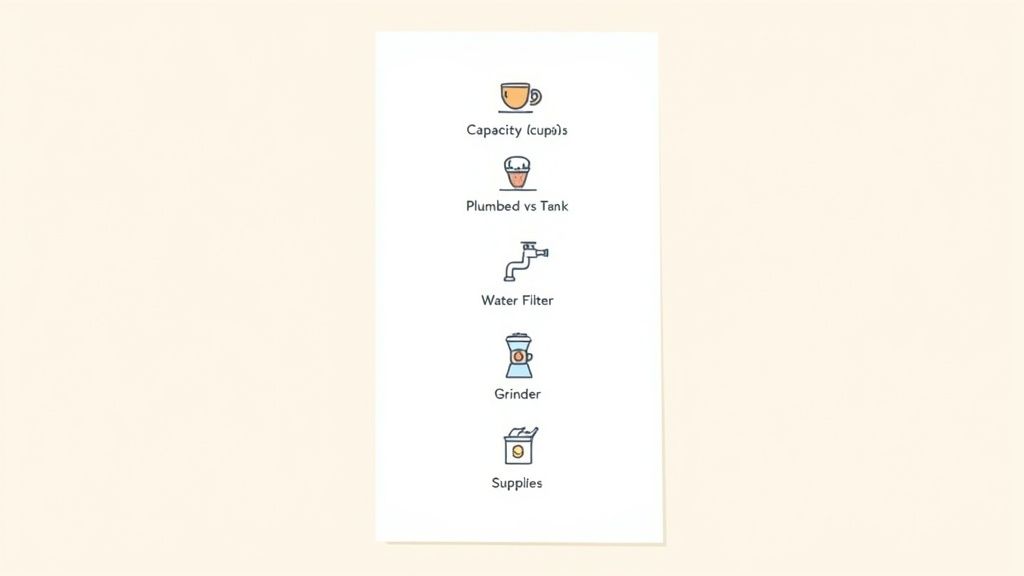 A list of five coffee machine features with icons: capacity, plumbing, water filter, grinder, and supplies.