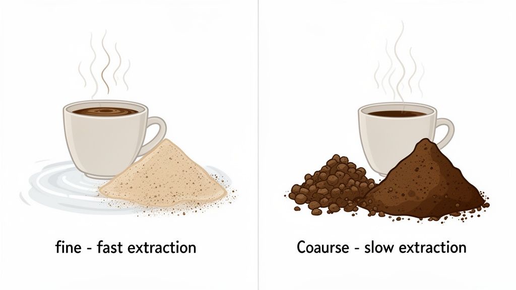 Illustration comparing fine coffee grind for fast extraction and coarse coffee grind for slow extraction, with steaming cups.