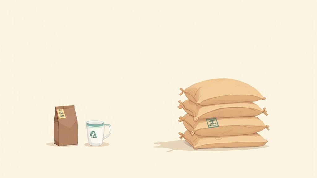 Stack of bulk coffee bean sacks next to reusable mug and small coffee bag illustration