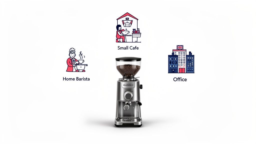 A silver Eureka coffee grinder with icons illustrating its uses for home baristas, small cafes, and offices.
