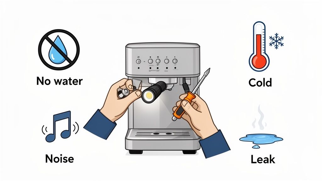 Hands repairing a coffee machine with a flashlight and screwdriver, surrounded by common problem icons.