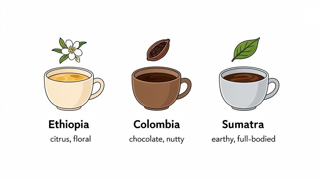 Three illustrations of coffee origins: Ethiopia (citrus, floral), Colombia (chocolate, nutty), Sumatra (earthy, full-bodied).