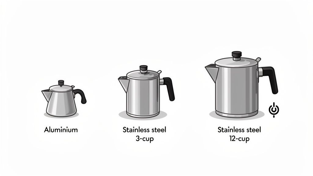 Three stove-top coffee percolators of different sizes and materials: aluminium, stainless steel 3-cup, and stainless steel 12-cup.