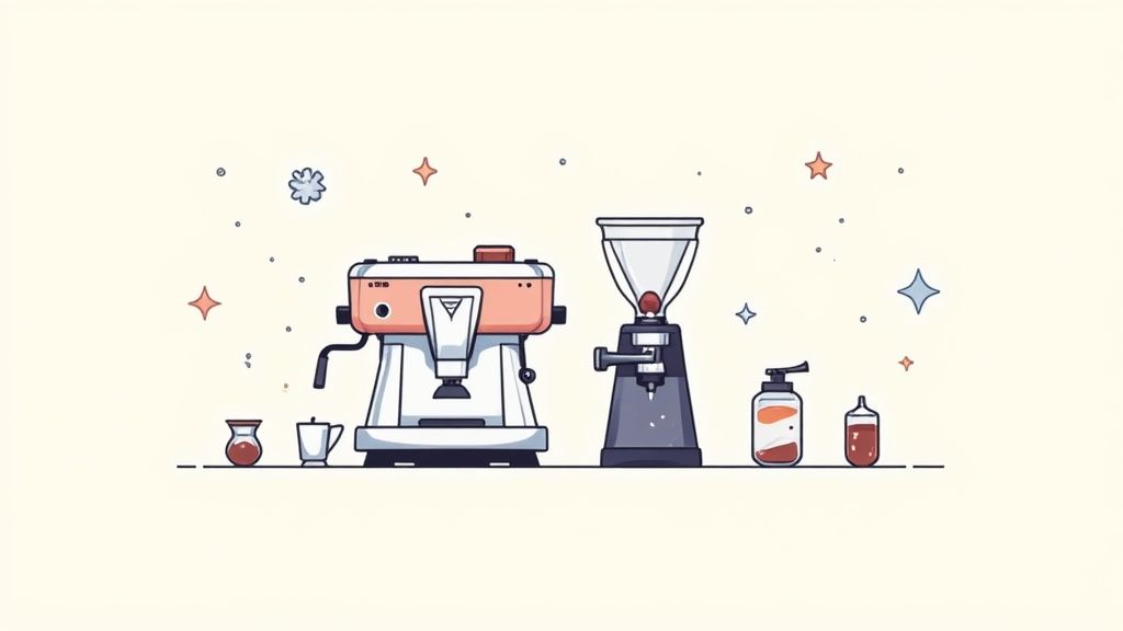 A whimsical illustration of a coffee machine, grinder, and syrup bottles on a light background.