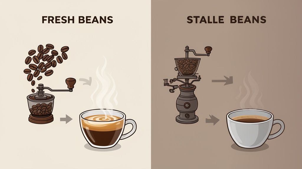An illustration comparing fresh coffee beans producing rich, creamy coffee and stale beans yielding plain coffee.