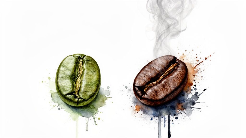 Watercolor illustration contrasting a raw green coffee bean with a steaming, roasted brown coffee bean.