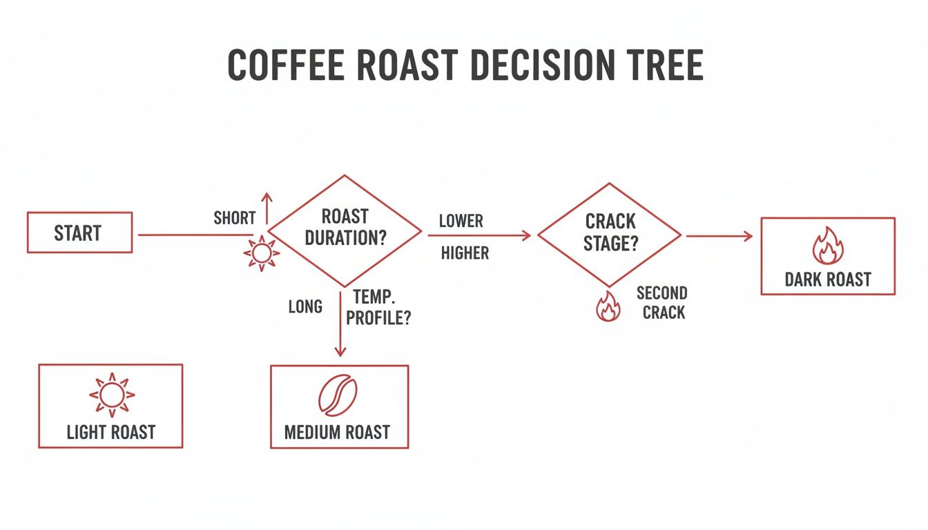 Flowchart illustrating coffee roast decision tree, guiding from start to light, medium, or dark roast based on duration and crack stage.