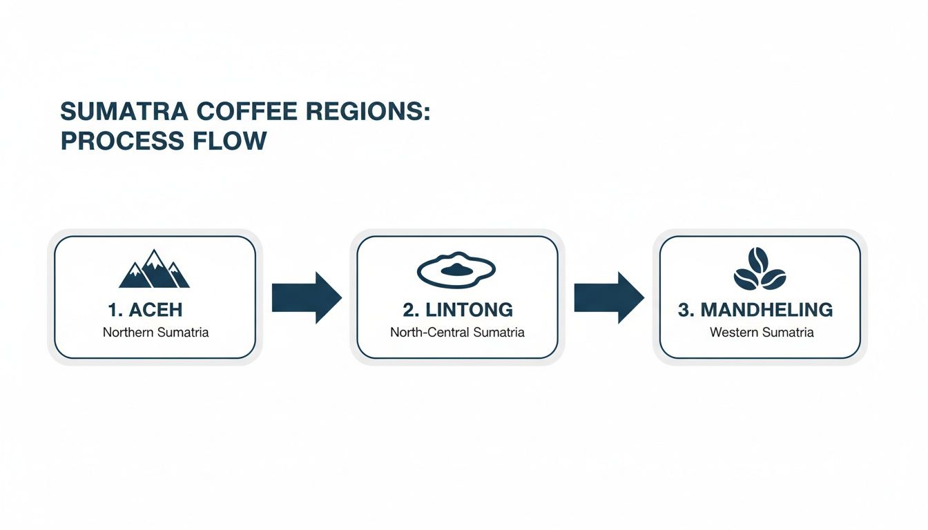 Flowchart illustrating Sumatra coffee regions: Aceh, Lintong, and Mandheling, with their geographic locations.