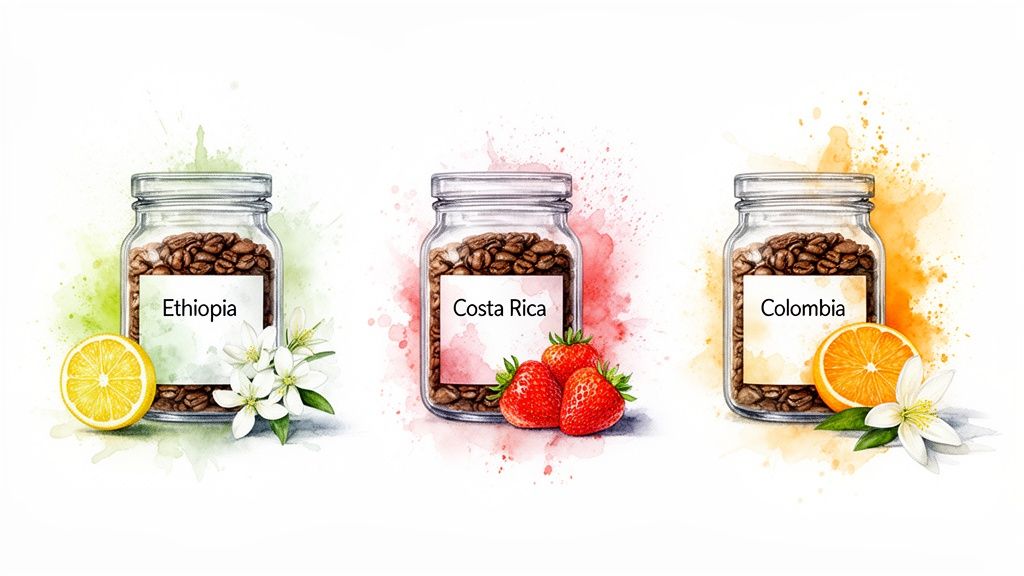 Watercolor illustration of coffee beans from Ethiopia, Costa Rica, and Colombia with citrus, strawberry, and floral notes.