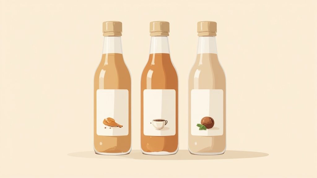 Three minimalist bottles of flavored syrups, depicting cinnamon, coffee, and hazelnut on their labels.
