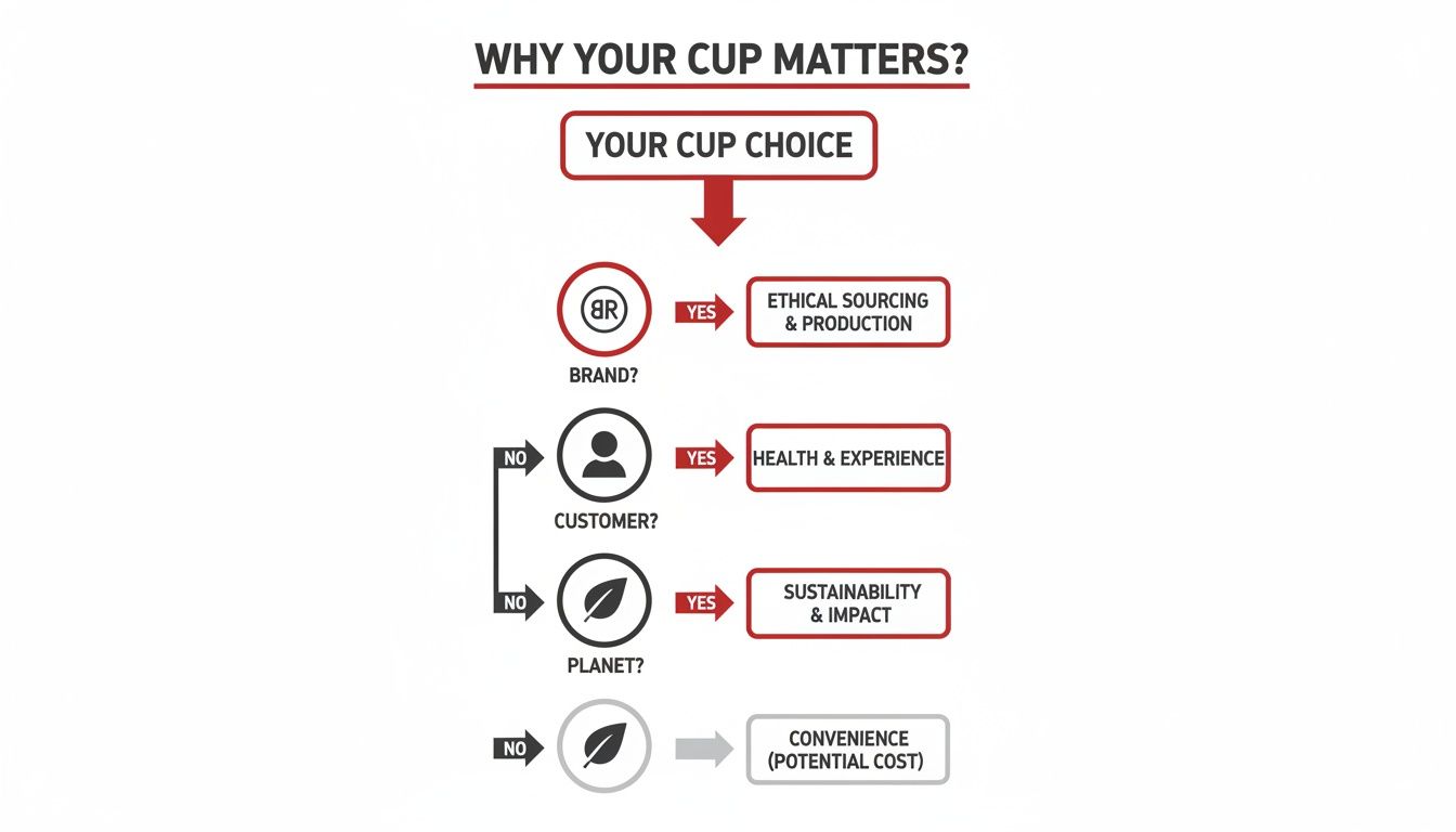Flowchart explaining why your cup choice matters, covering brand ethics, customer health, and planetary impact.