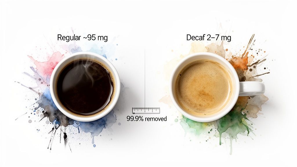 Two coffee cups: regular coffee with 95mg caffeine and decaf coffee with 2-7mg.