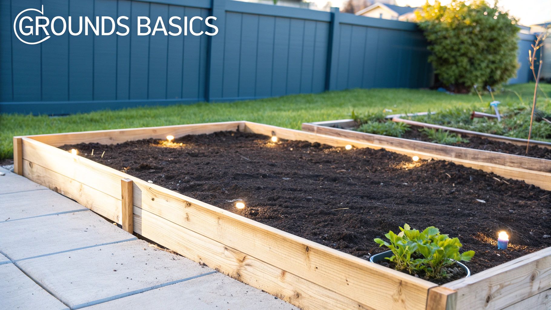 A close-up shot of used coffee grounds in a gardener's hands, with lush green plants in the background.