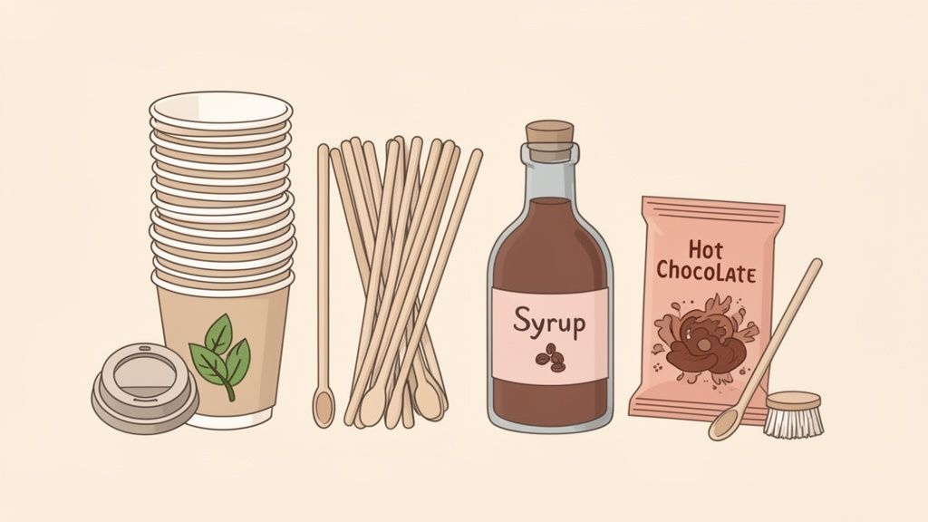 Various coffee shop supplies including disposable cups, lids, wooden stirrers, syrup, and hot chocolate mix.