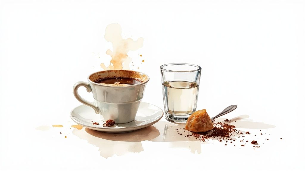 A steaming cup of Turkish coffee, a glass of water, and a sweet treat on a white background.