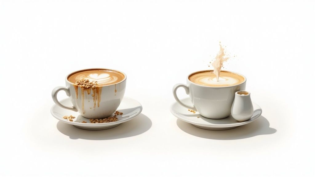 Two white coffee cups with latte art showing oat milk versus dairy milk comparison side by side