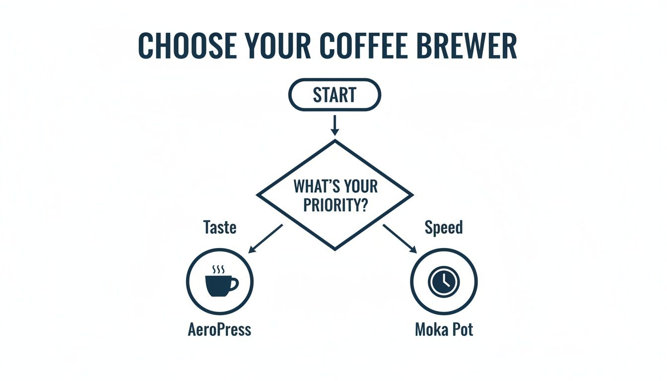 Flowchart to choose a coffee brewer: AeroPress for taste, Moka Pot for speed, based on priority.