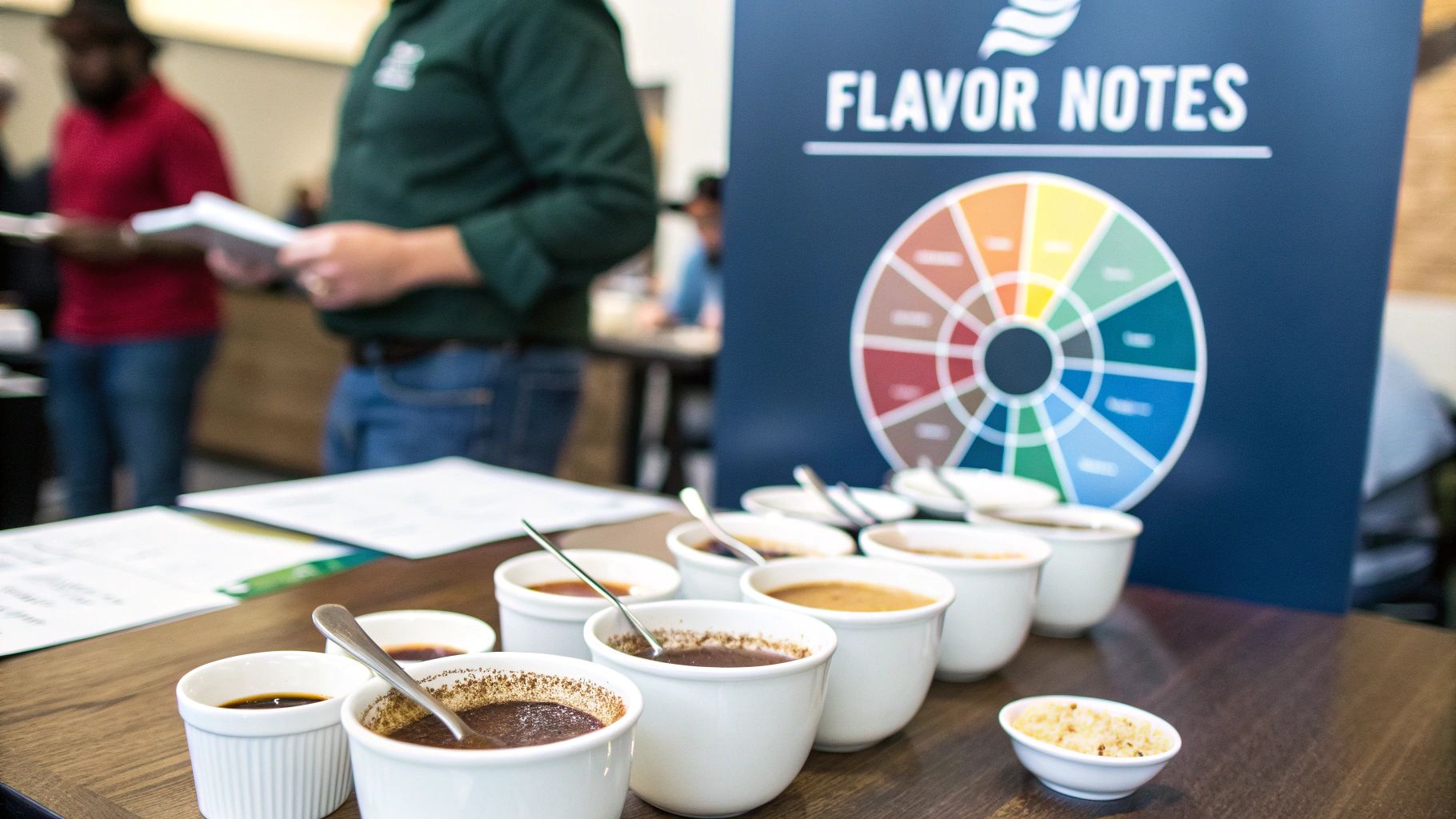 A colourful wheel chart showing different coffee flavour notes and categories