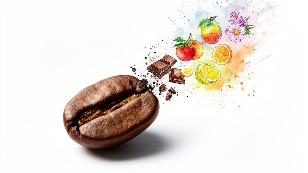A coffee bean on white, with watercolor splashes illustrating chocolate, fruits, and floral notes.