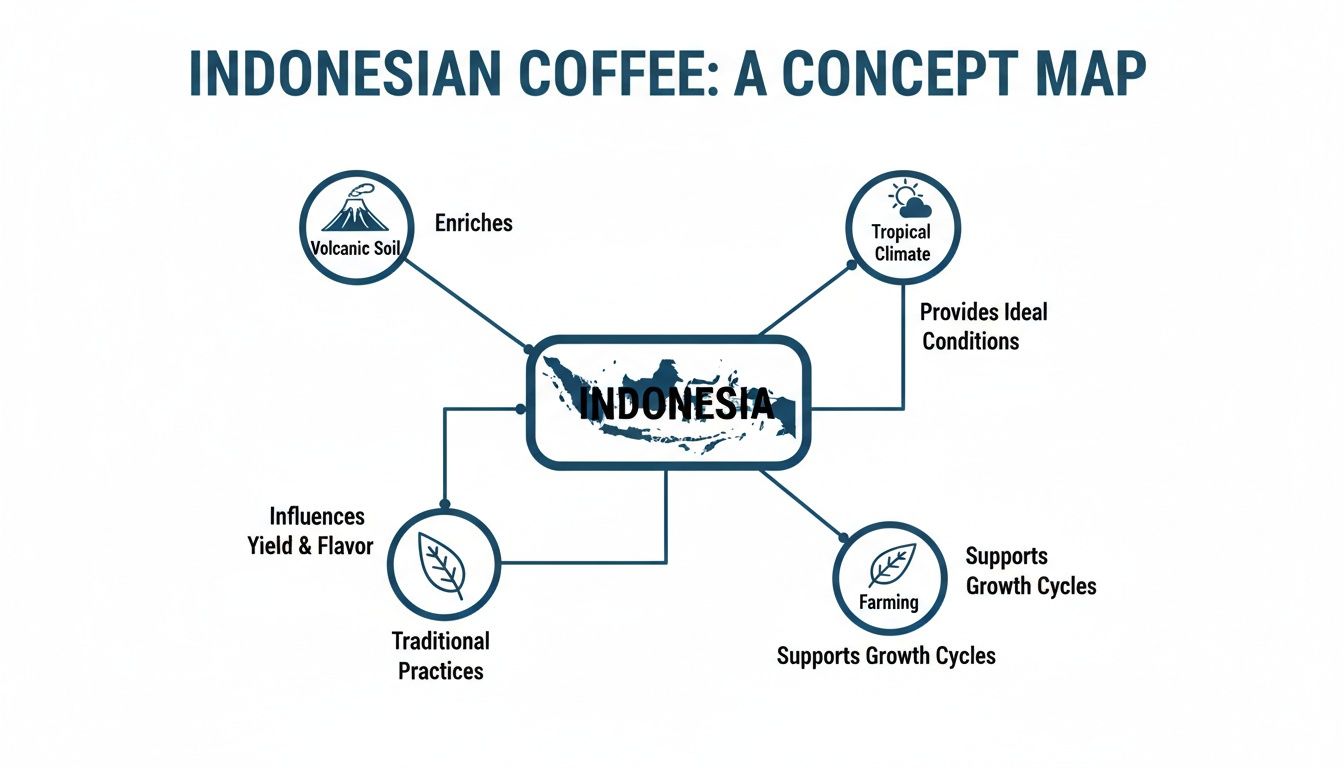 Concept map illustrating the key factors influencing Indonesian coffee, including volcanic soil, tropical climate, and farming practices.