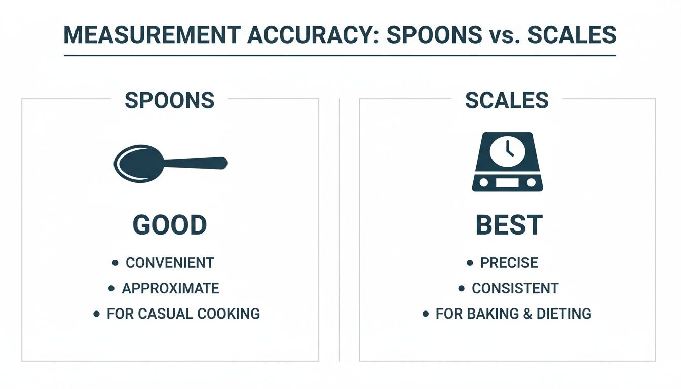 Infographic comparing measurement accuracy of spoons (good for casual cooking) versus scales (best for baking and dieting).