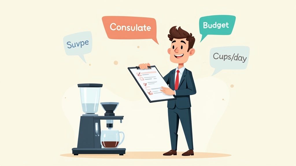 Illustration of a businessman with a checklist next to a coffee machine, with words like 'Budget' and 'Cups/day'.