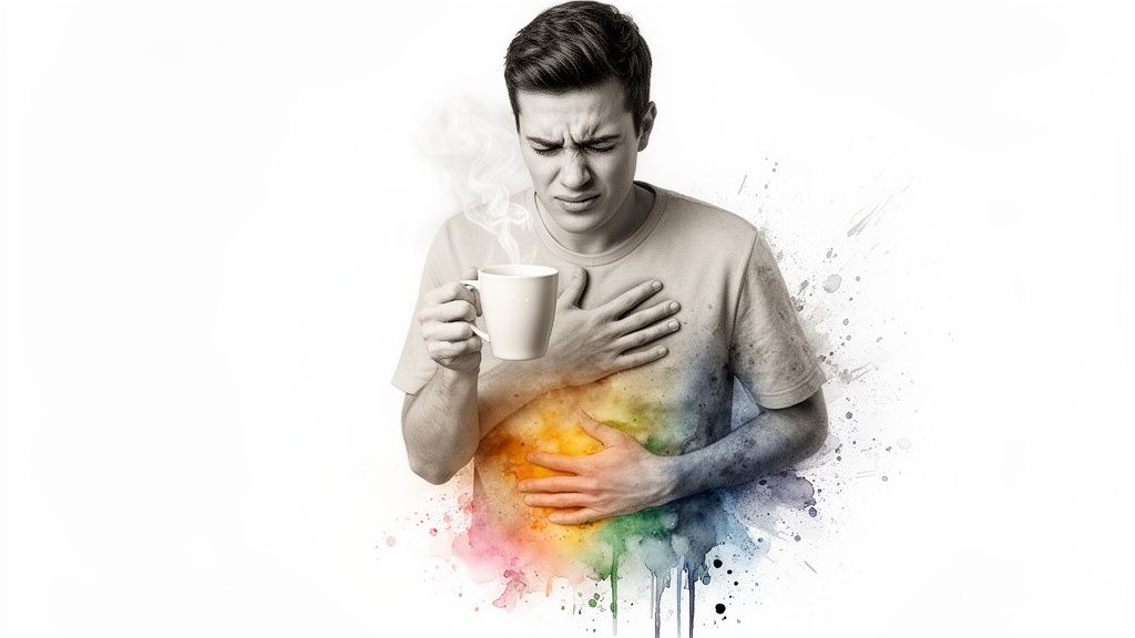 A man holds a steaming cup, grimacing in pain, clutching his chest and stomach, depicting acid reflux.