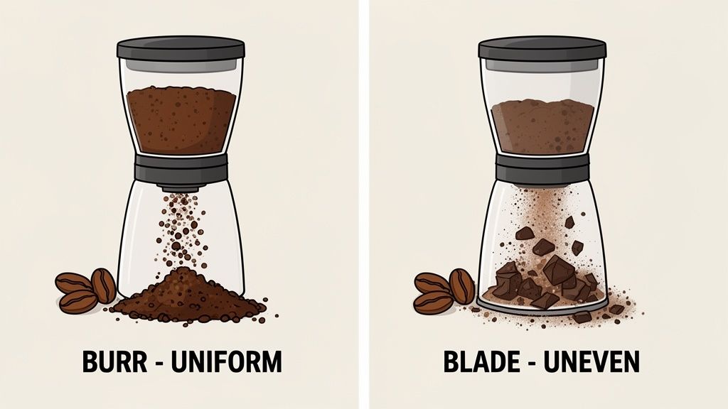 An illustration comparing a burr coffee grinder producing uniform grounds to a blade grinder producing uneven grounds.