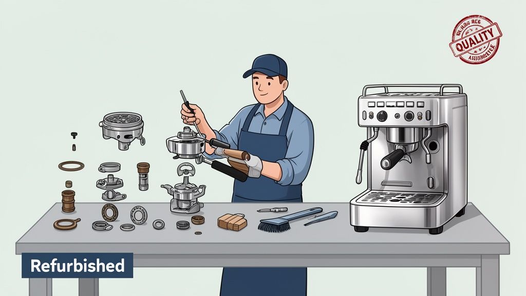 A technician disassembles and repairs parts of a coffee machine on a table, with tools nearby.